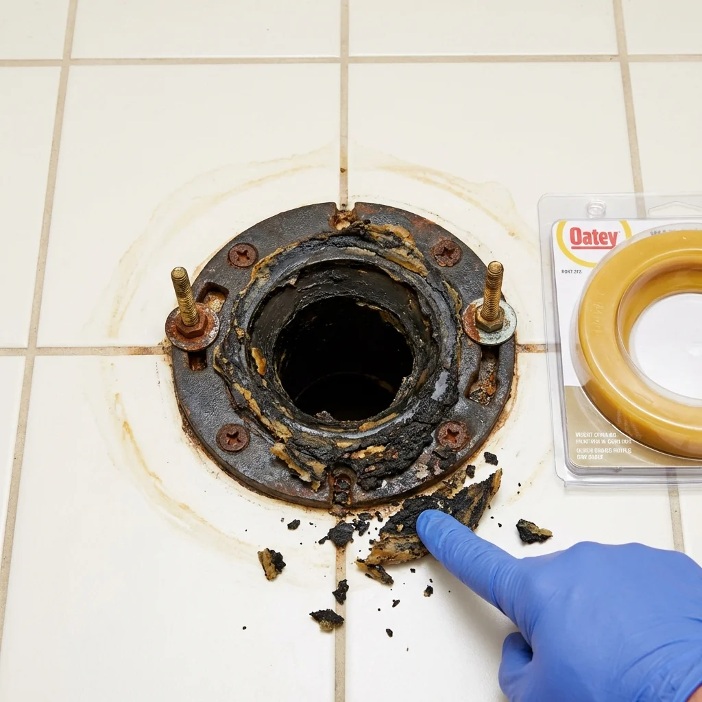 Failed wax ring showing water seepage at the base of a toilet in a Crandon, WI home