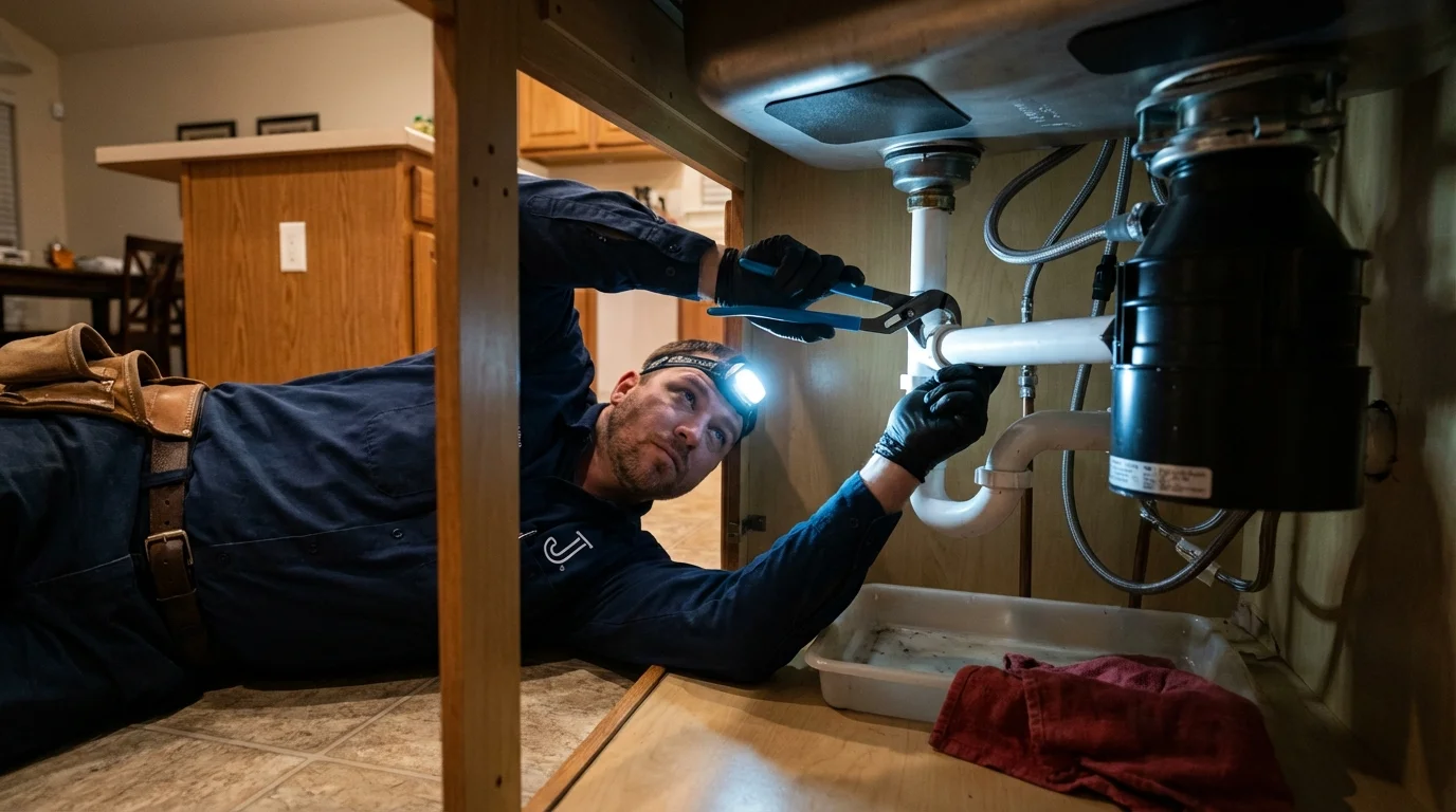 P-trap and supply line connections under a kitchen sink showing a common leak point in Crandon, WI